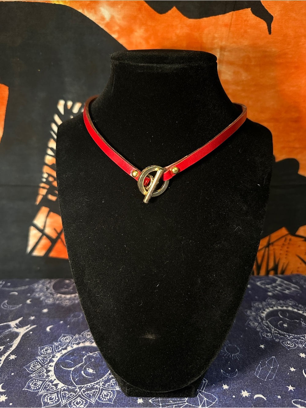 Red Leather Choker Necklace with Gold Toggle Accent